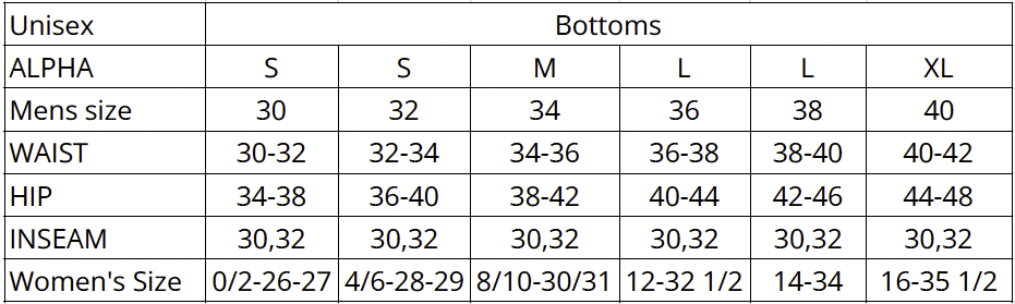 Unisex Bottoms Measurements