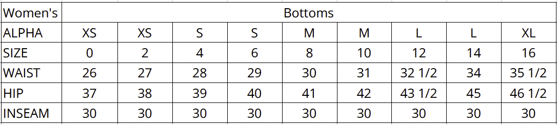 Women's Bottoms Measurements